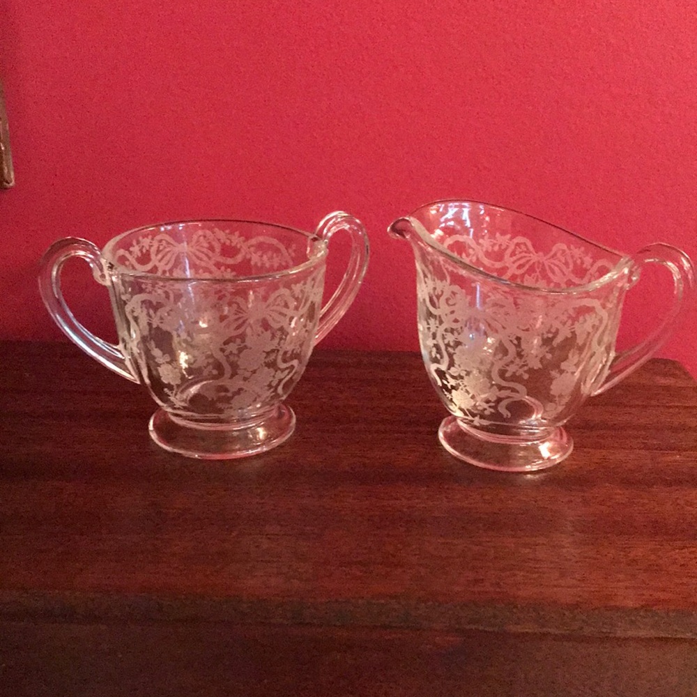 Antique Vintage Etched Roses & Ribbons Bows Sugar Bowl & Creamer Glass Set
